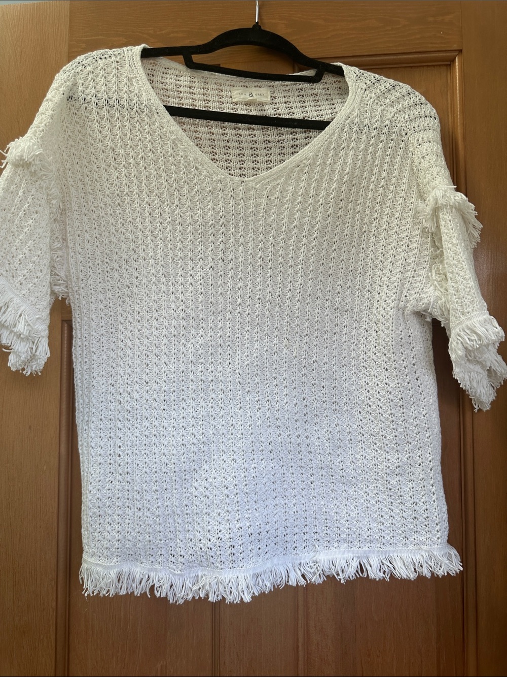 Lou & Grey - Lightweight White Fringe Knit Sweater - Women's V-Neck